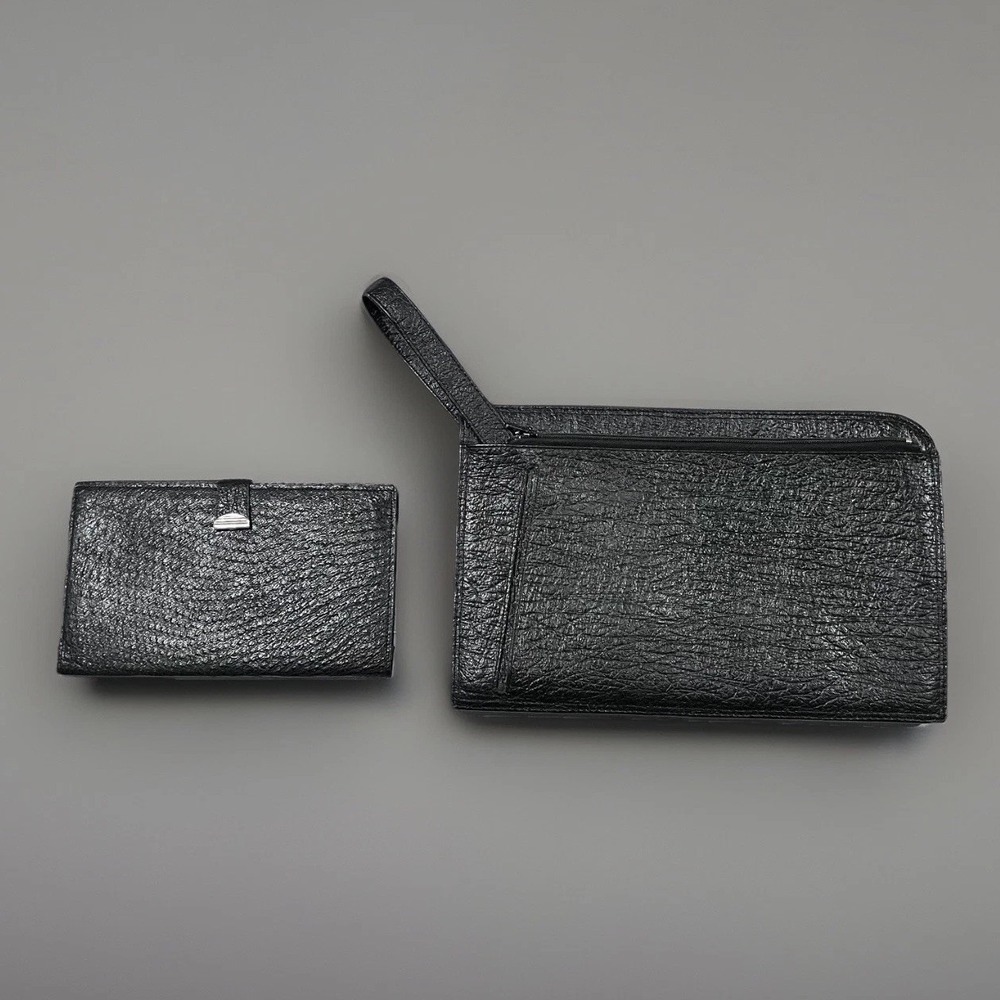 VTG Ostrich Skin Exotic Black Leather Wristlet Long Wallet Set Western City Chic